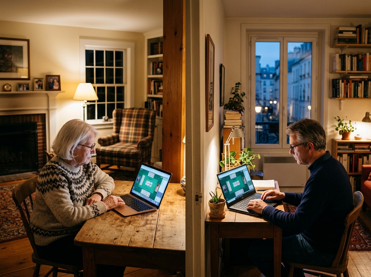 Two individuals seated at a table, each using a laptop, engaged in a collaborative work session.