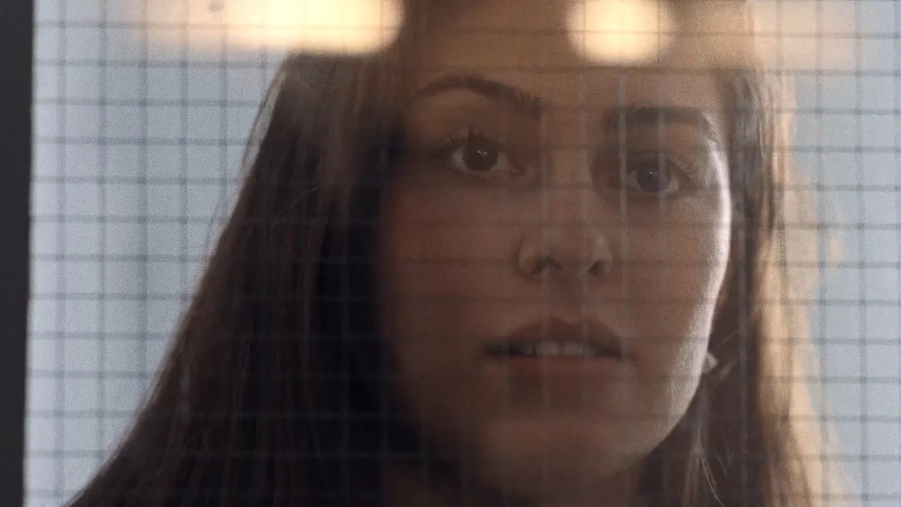 Trust Me - Anne looks through wired glass in a softly lit close-up