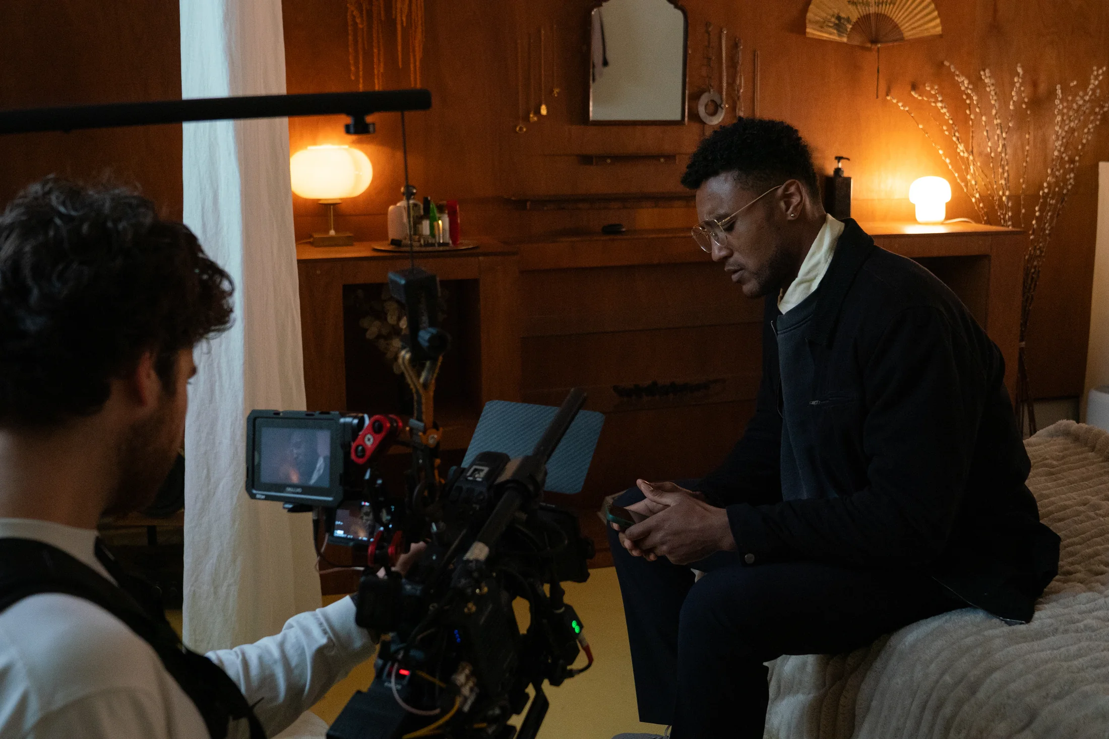 Camera and boom positioned for a scene in the practical interior.
