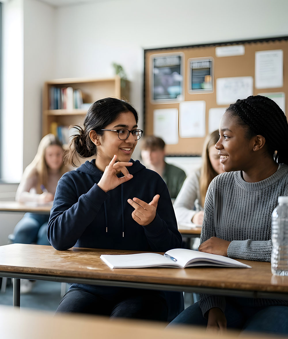 Two students in a classroom, one communicating in sign language