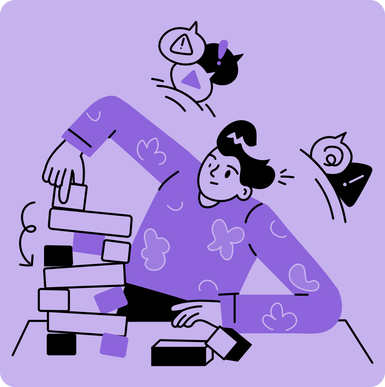 Illustration: a student carefully building a tower of blocks