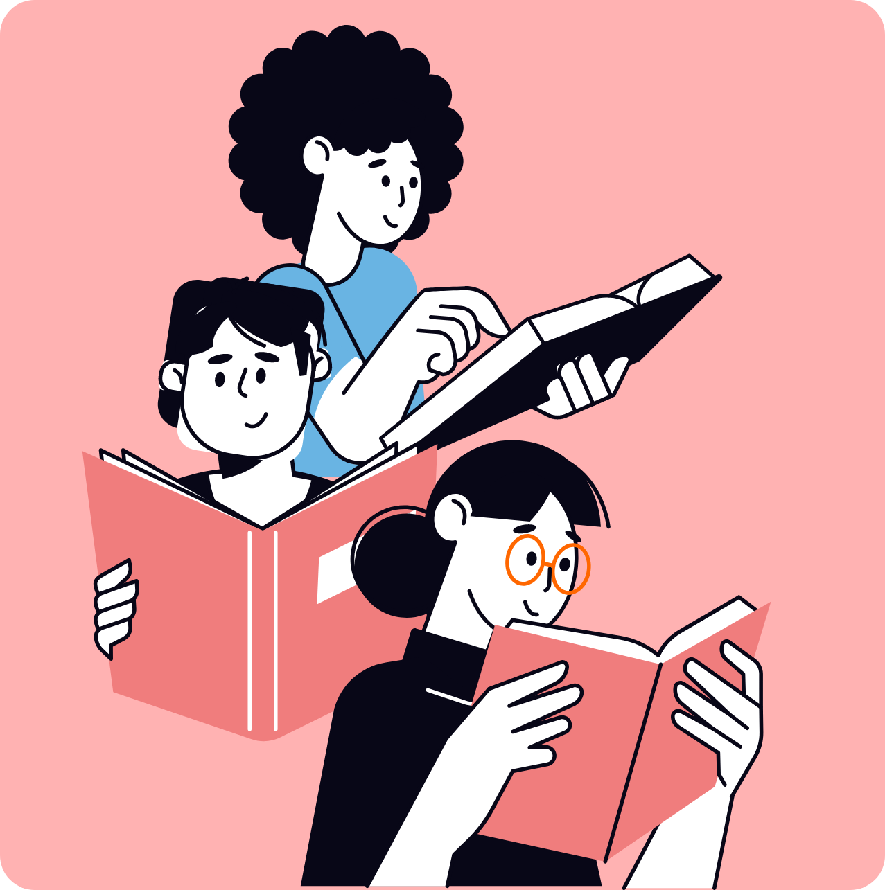 Illustration: students reading and learning together