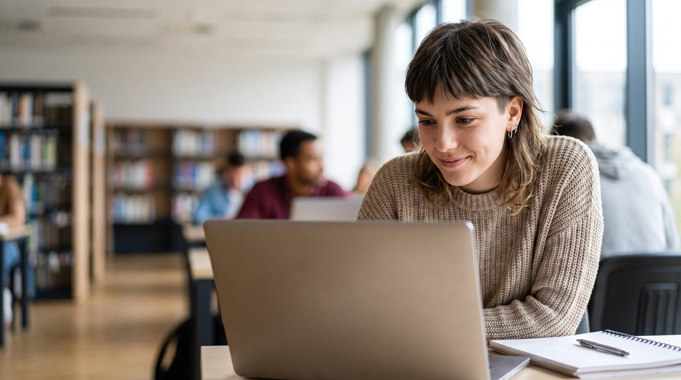 A researcher working on a laptop in a library