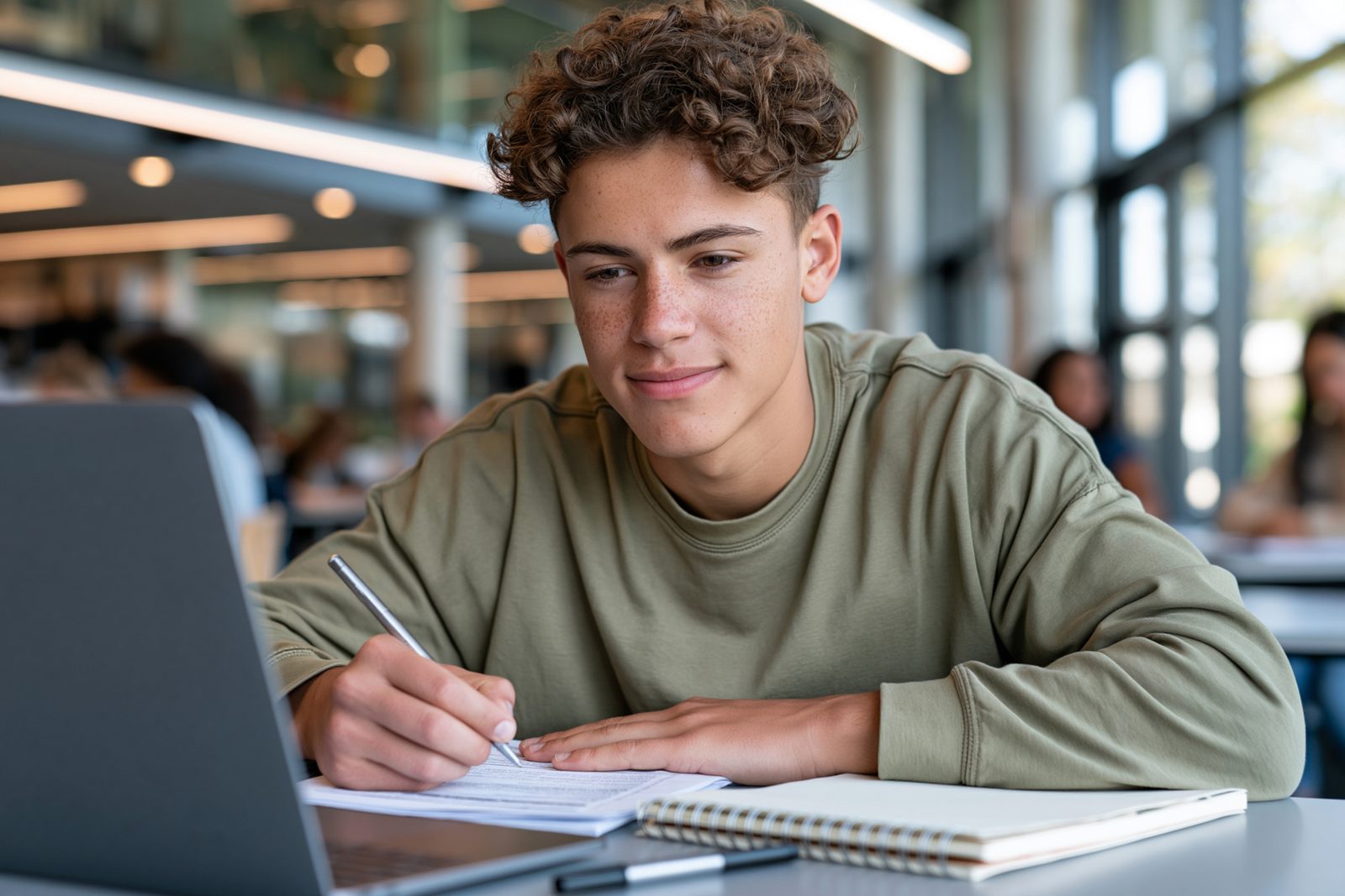 A student taking notes next to a laptop