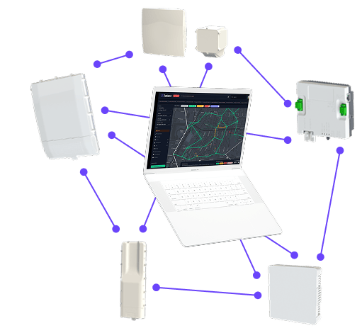 Ketsen radio components surround an open laptop displaying Ketsen software. The radios and laptop are connected with bright purple lines.