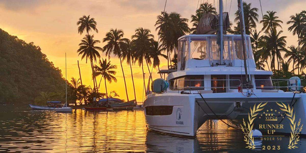Catamaran at anchor beside palm trees at sunset