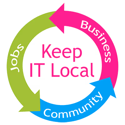Circular infographic with arrows labeled Jobs, Business, and Community surrounding the text Keep IT Local.