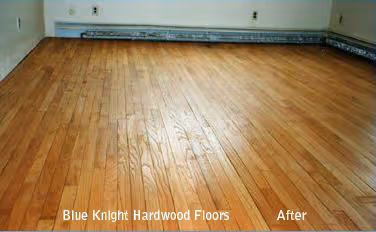 Refinished hardwood floor with shiny smooth surface in a room, labeled 'Blue Knight Hardwood Floors' and 'After'.