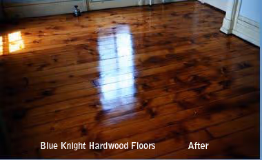 Glossy hardwood floor reflecting a window, showing a polished wooden surface labeled 'Blue Knight Hardwood Floors After'.