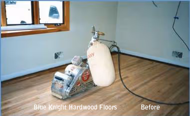 Room with unfinished hardwood floor and a floor sanding machine in the center, labeled 'Before'.