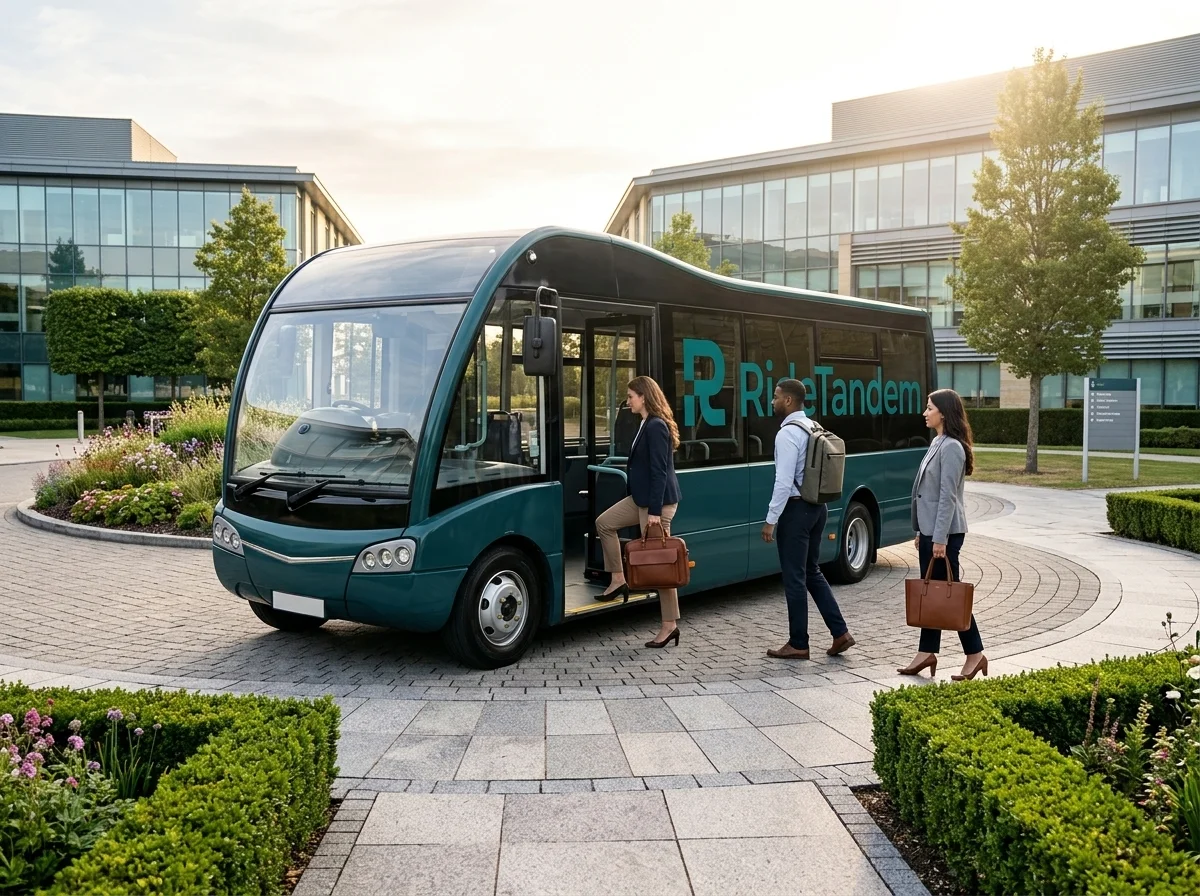 A RideTandem shuttle coach ready to collect workers for a shift