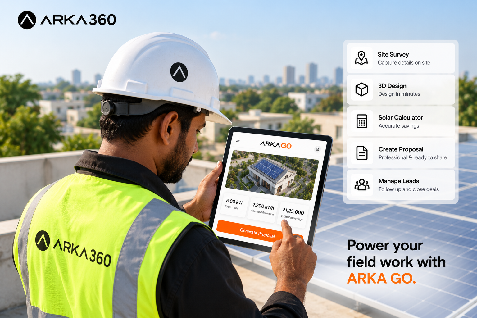 Solar installer using ARKA Go on a tablet at a residential rooftop solar project.