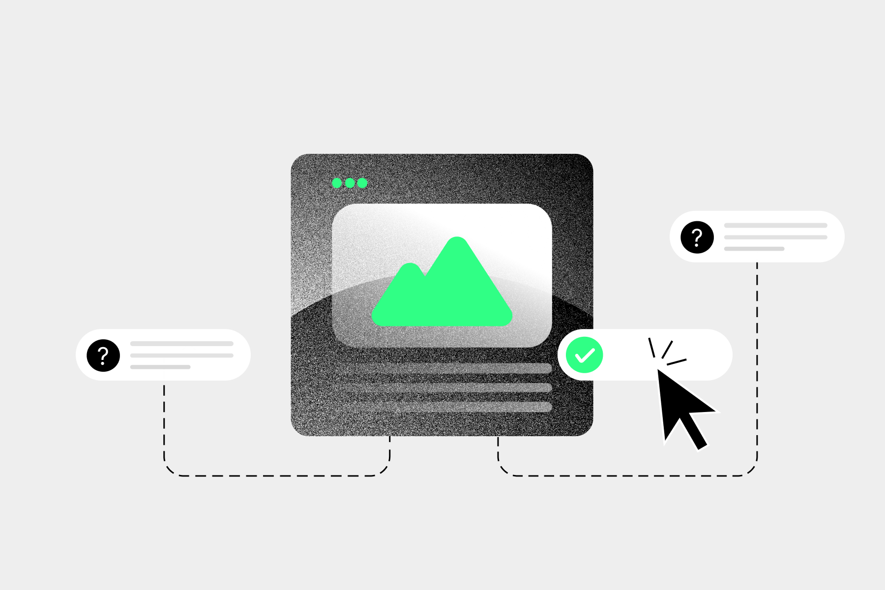 Illustration of customer questions being directed toward a B2B website and resolved into a clear answer.