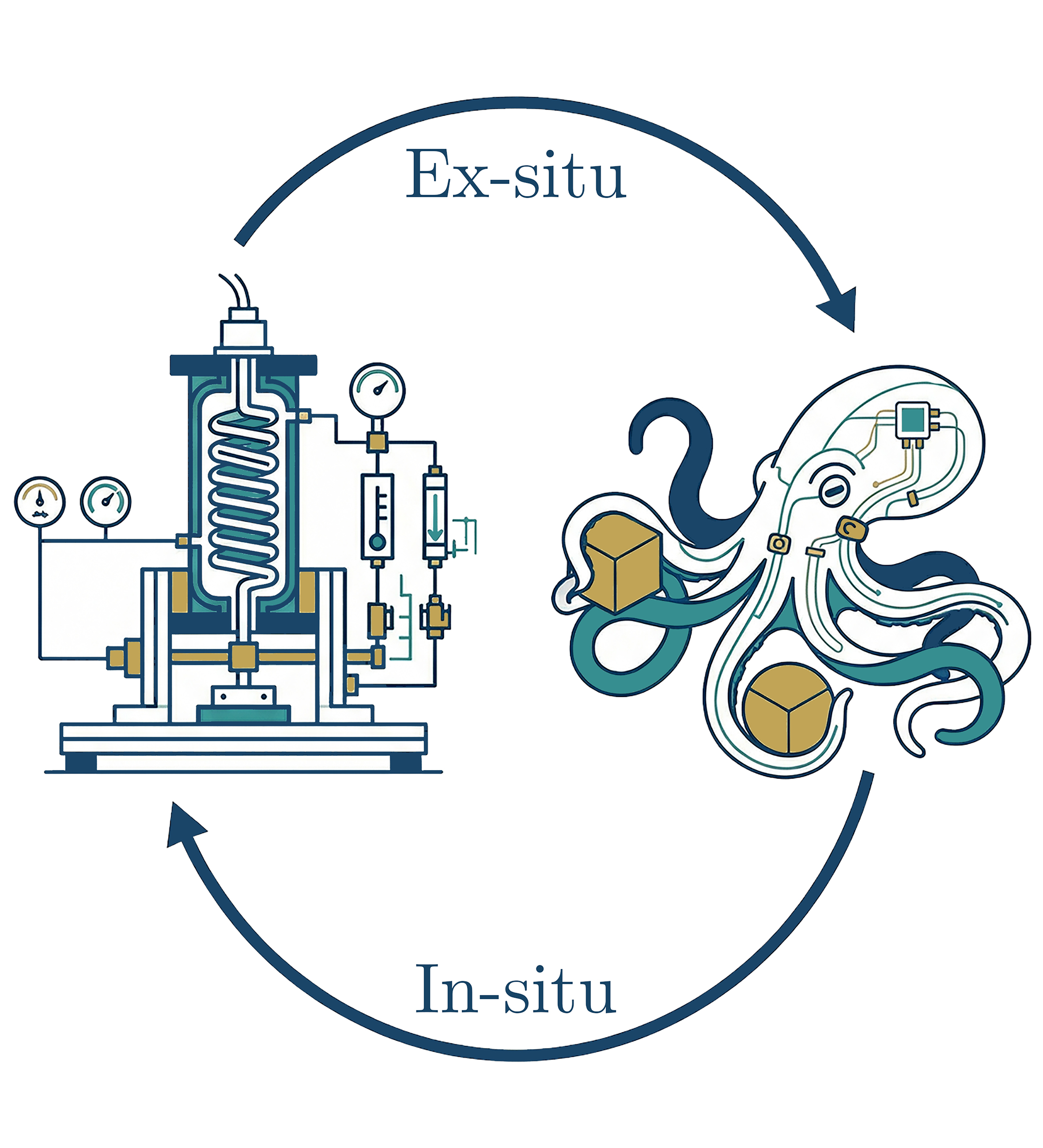Diagram showing circular process with ex-situ on a laboratory reactor setup and in-situ on a stylized octopus connected to boxes.