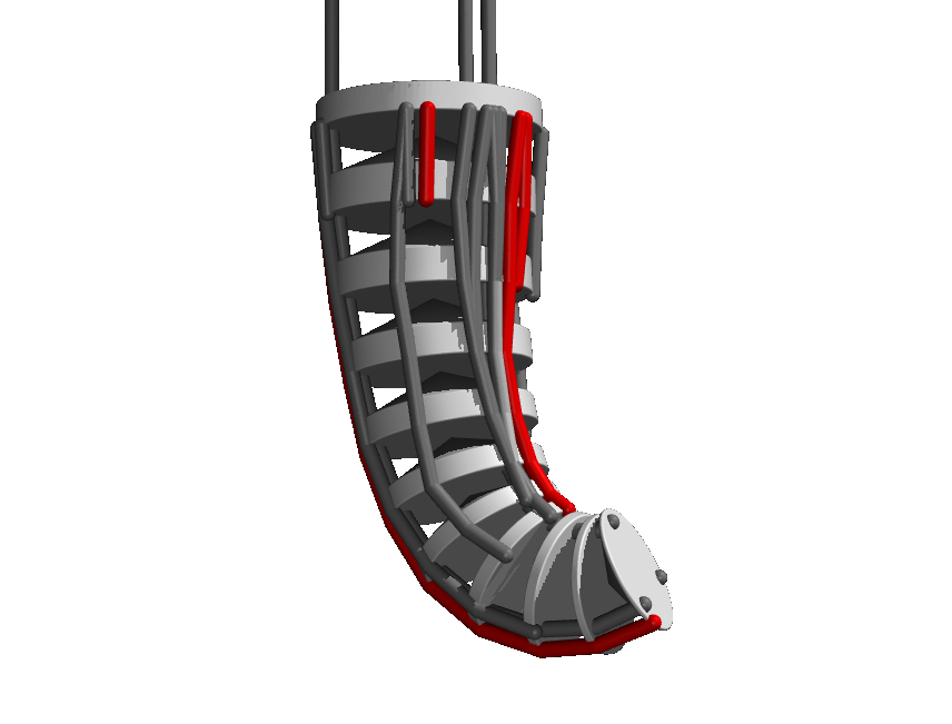 3D model of a curved mechanical structure with framed segments and red outlining lines.