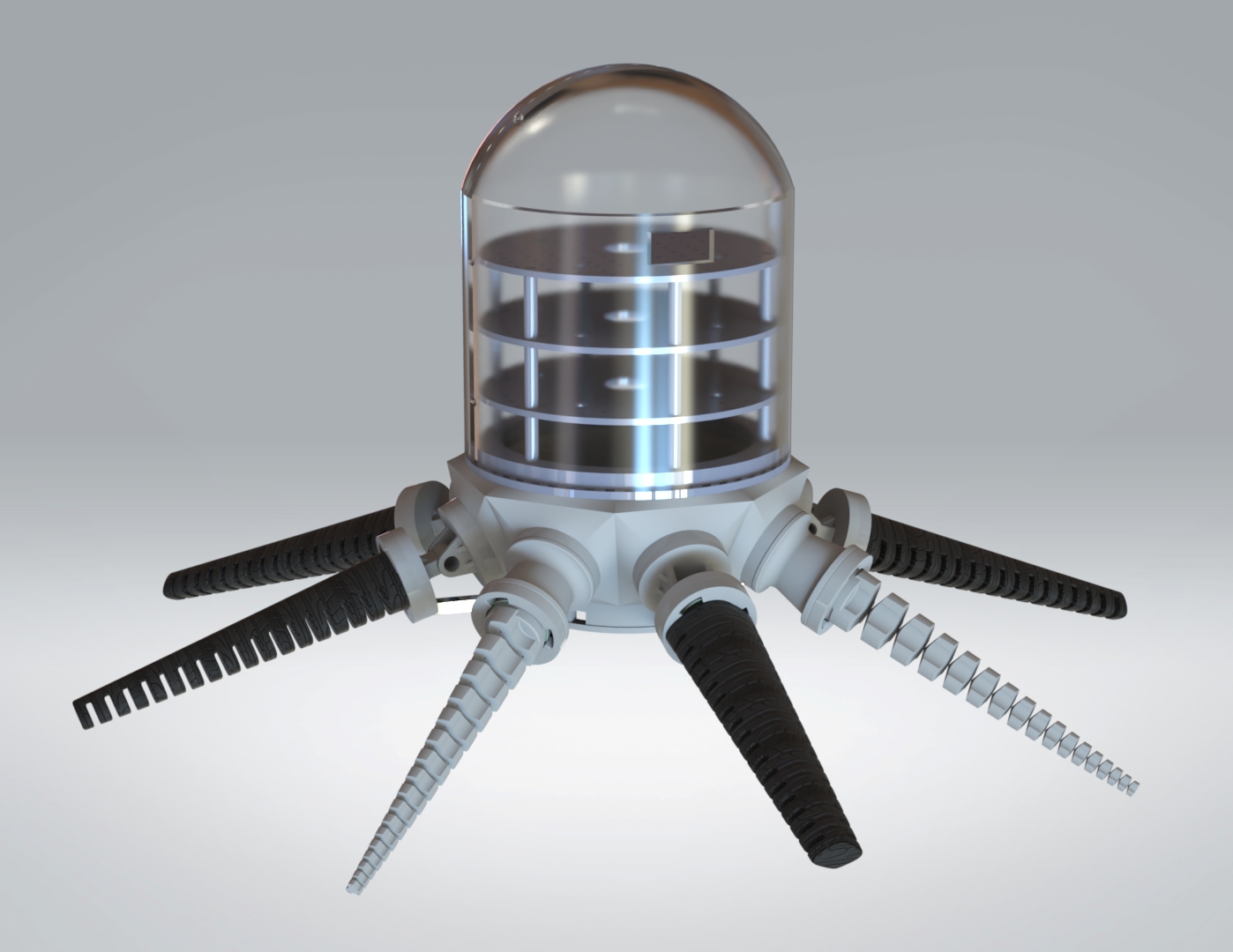 Futuristic octopus robot with a transparent dome housing three circular platforms and six flexible segmented legs.