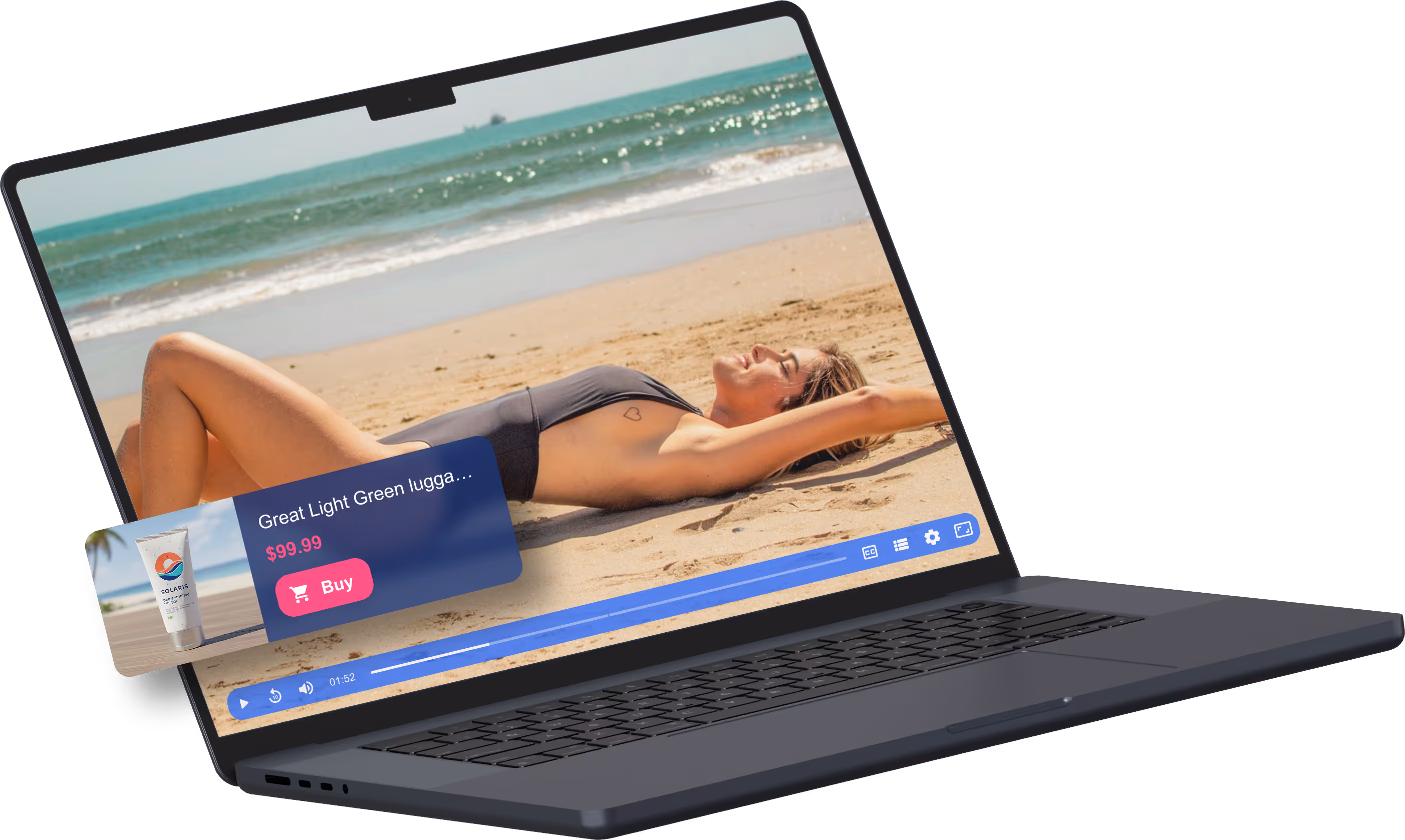 Laptop showing a video of a woman lying on the beach in a black swimsuit with a product ad overlay for sunscreen priced at $99.99 and a buy button.