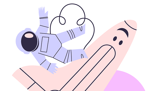 Illustration of an astronaut in a purple spacesuit floating next to a pink space shuttle.