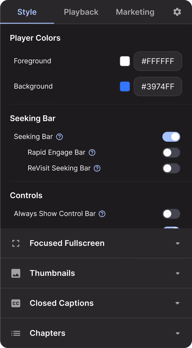 Settings menu with Style tab showing player colors with foreground #FFFFFF and background #3974FF, seeking bar options, controls for always showing control bar, and expandable sections for Focused Fullscreen, Thumbnails, Closed Captions, and Chapters.