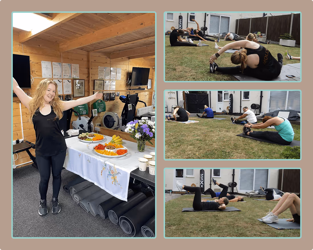 A collage of images of of women working out at an outside fitness run by Mols Fitness