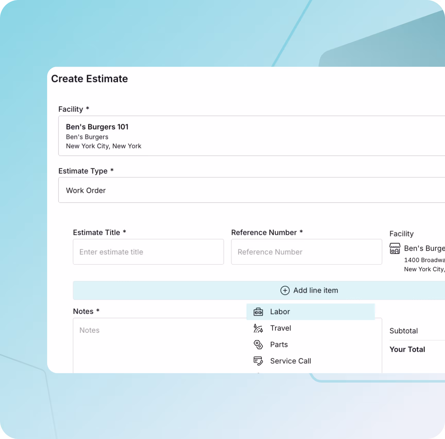 Create Estimate form with input fields for the facility name, estimate type, estimate title, reference number, notes, and options to add line items.