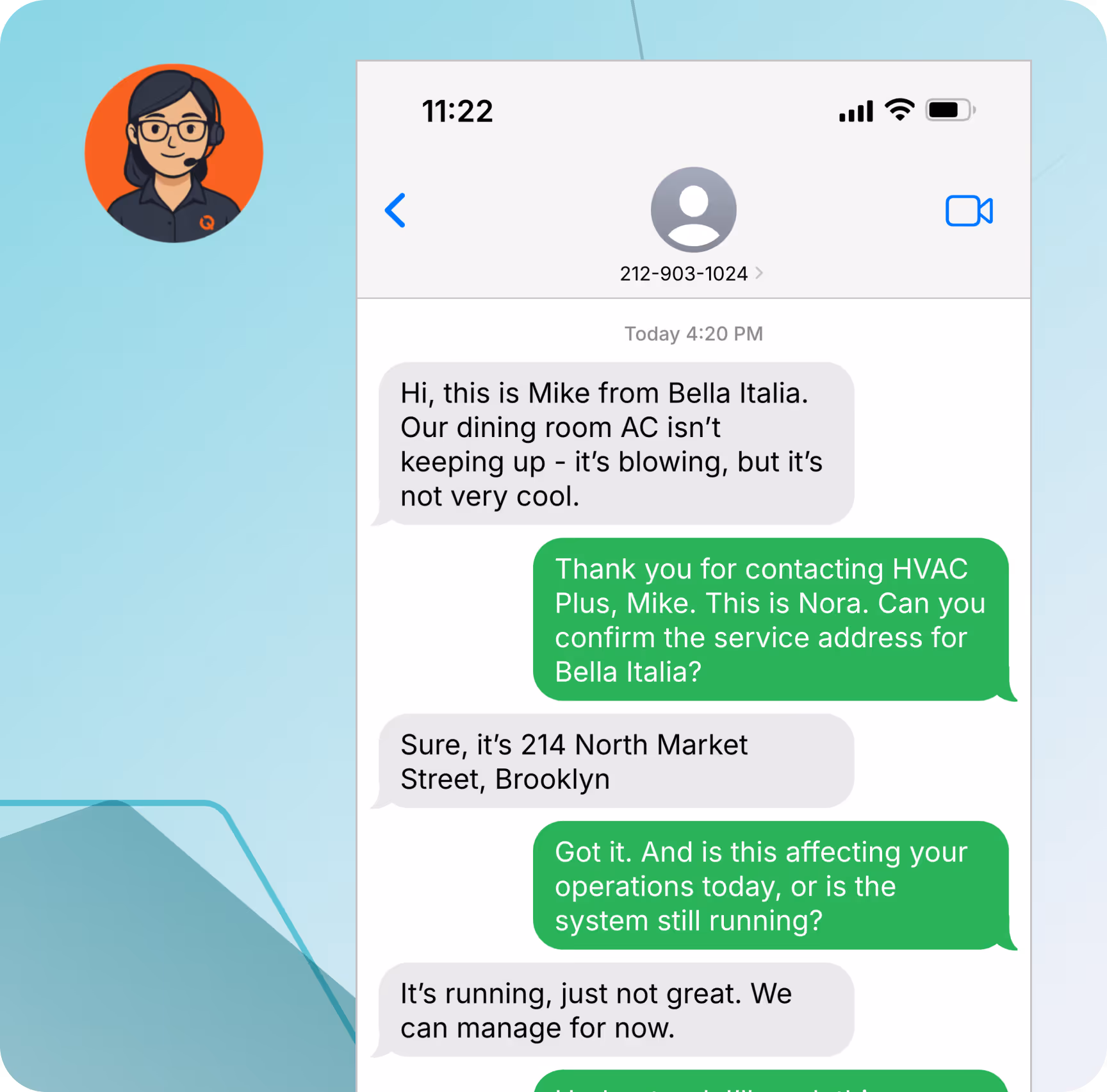 Text message conversation between leads and Nora confirming service details.