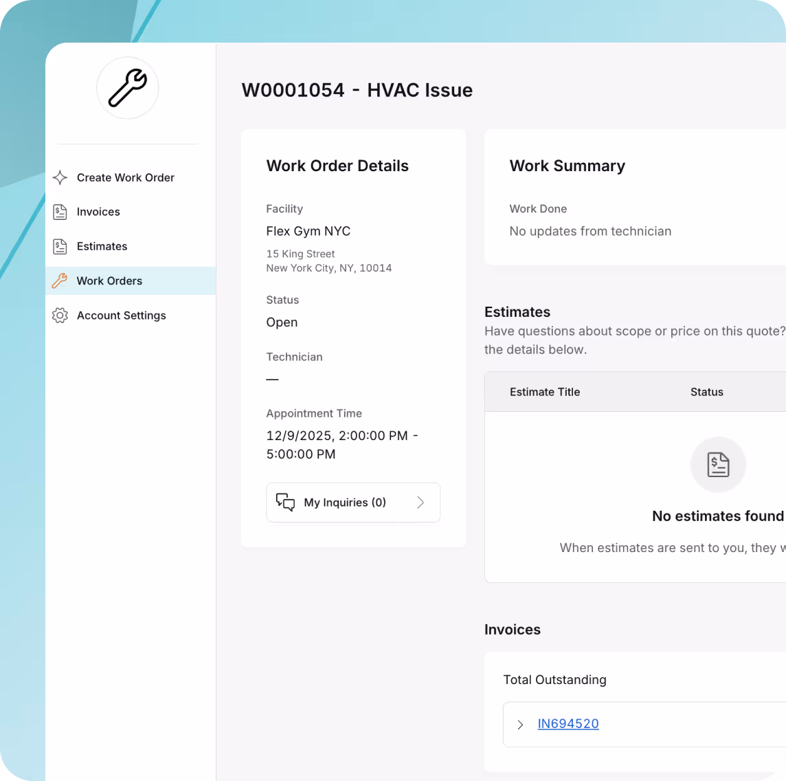 Dashboard screen where customer can track work order statuses.