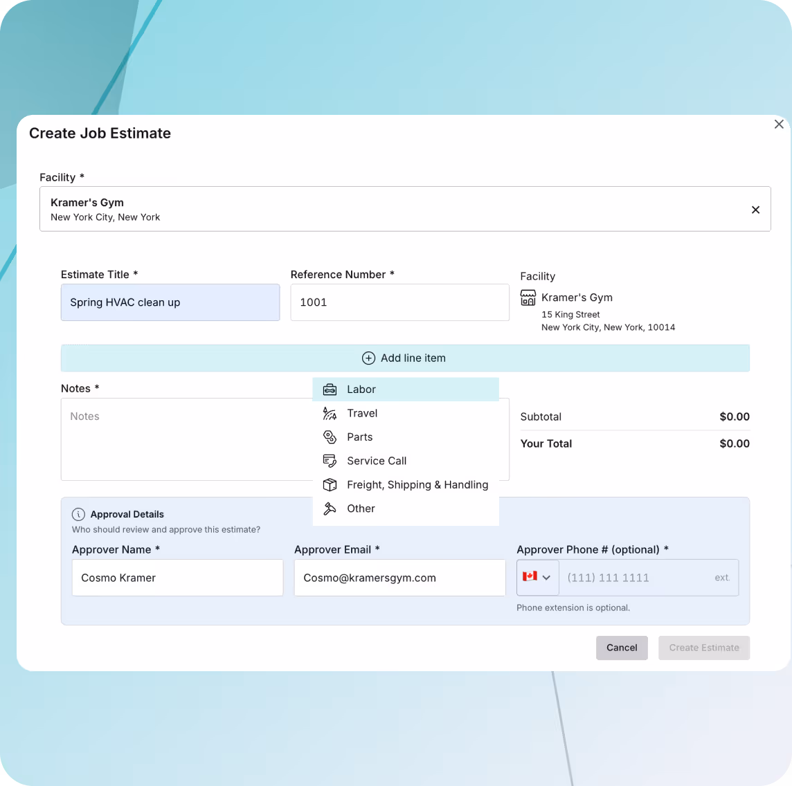 Job estimate form with fields for estimate title, reference number, notes, approval details, and options to add line items like labor and travel.
