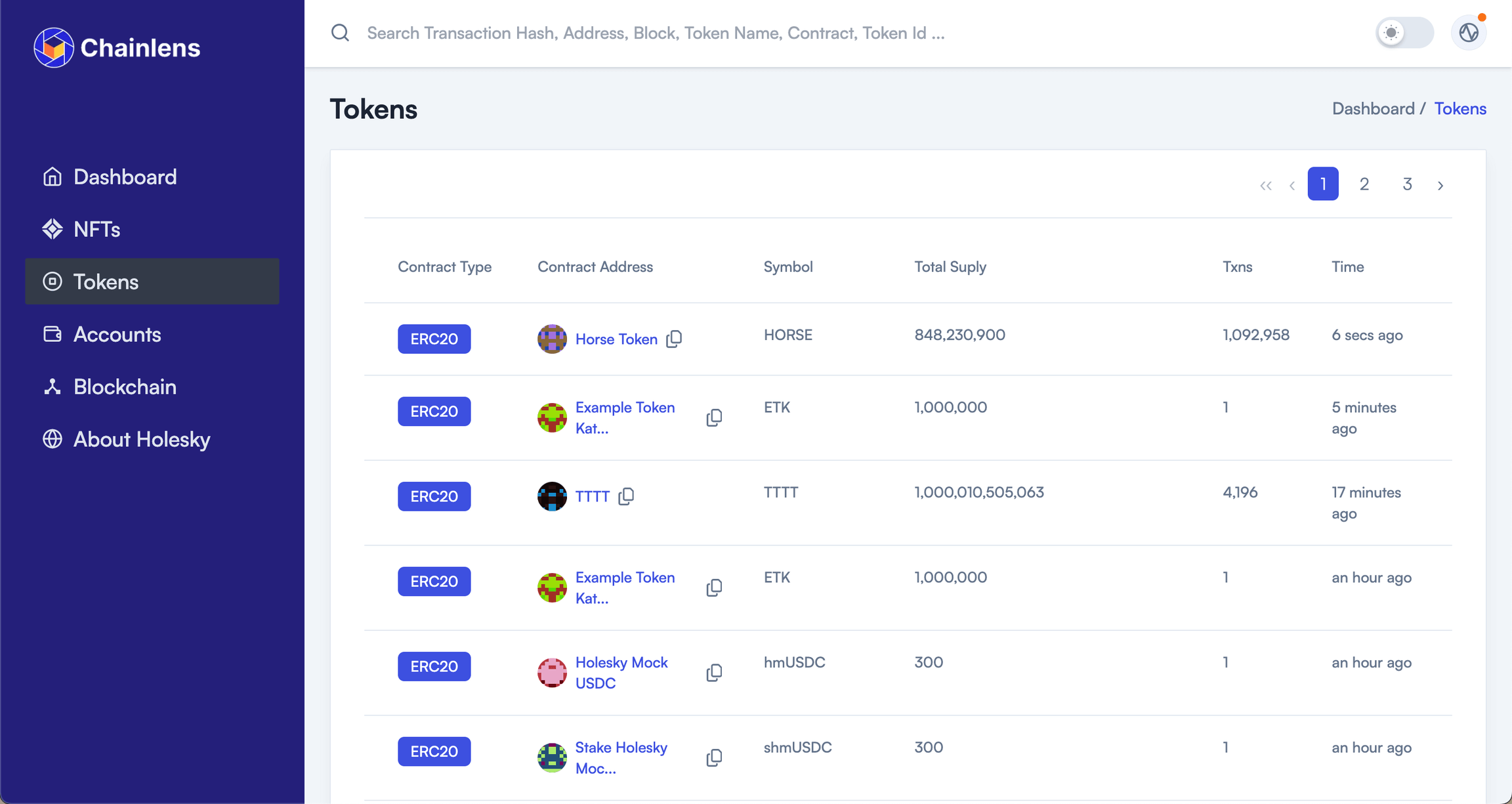 The tokens view in the Chainlens Block Explorer