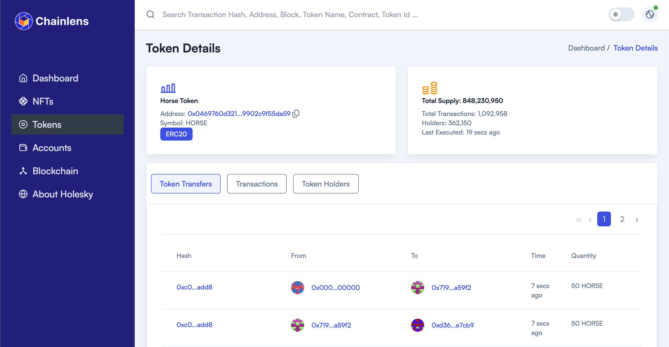 Token details in the Chainlens Block Explorer