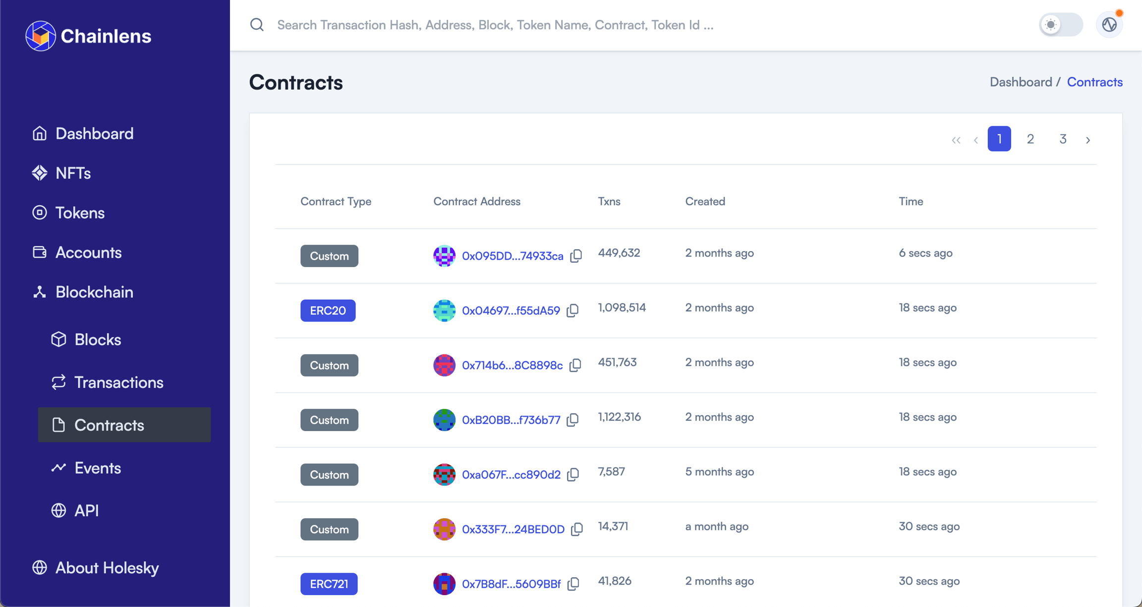 The smart contracts view in the Chainlens Block Explorer
