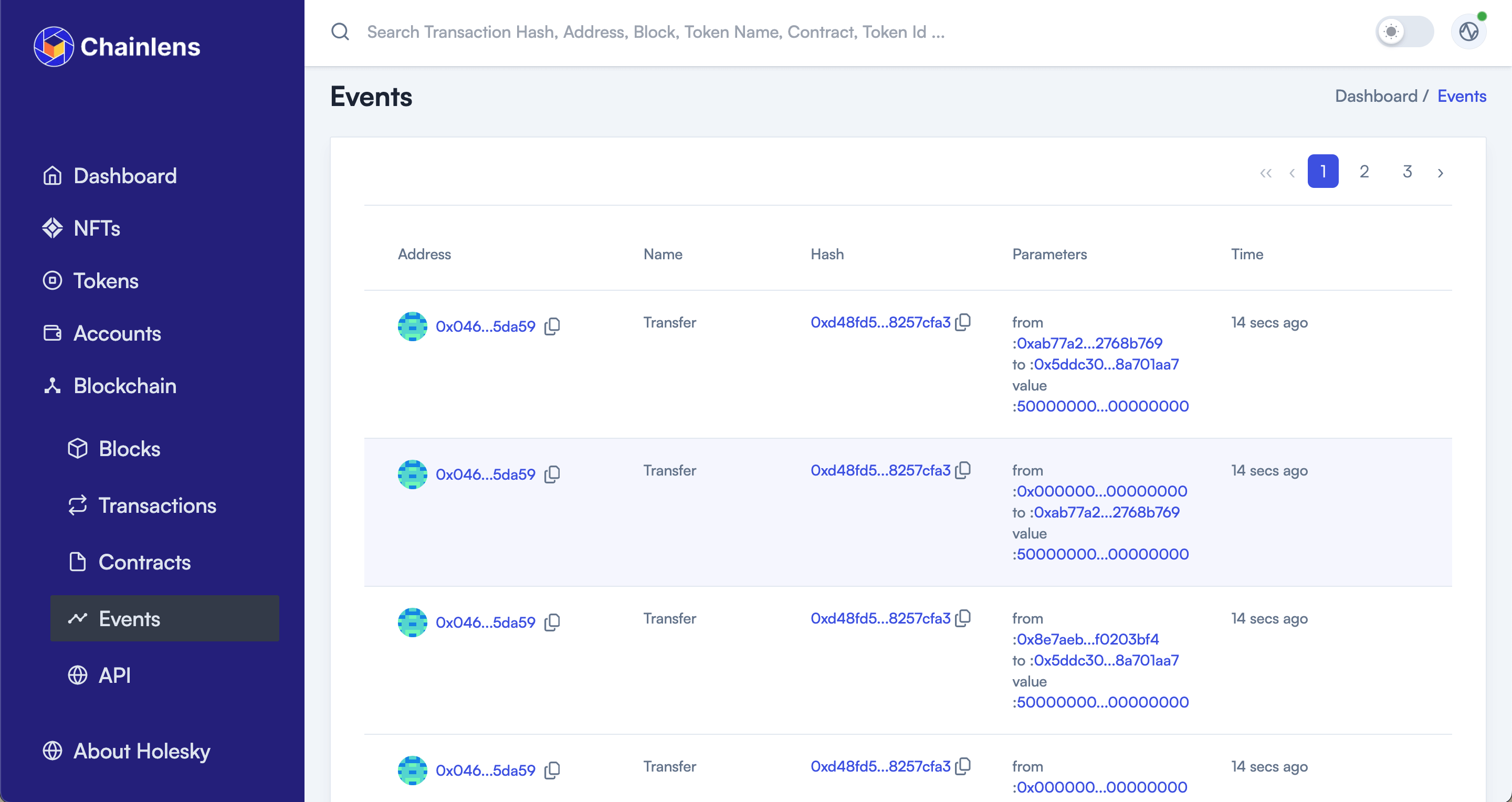 The events view in Chainlens Blockchain Explorer