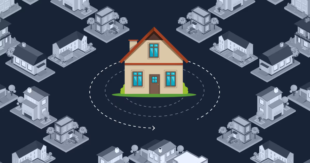 Centralized view of a residential proxy IP – illustration showing one active residential IP among a network of real homes, representing how user traffic is routed through genuine residential addresses for online anonymity.