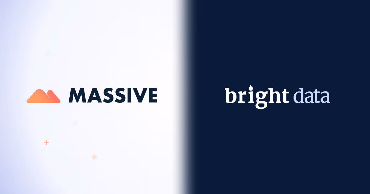 Logotipos de Massive y Bright Data uno al lado del otro sobre fondo dividido.
