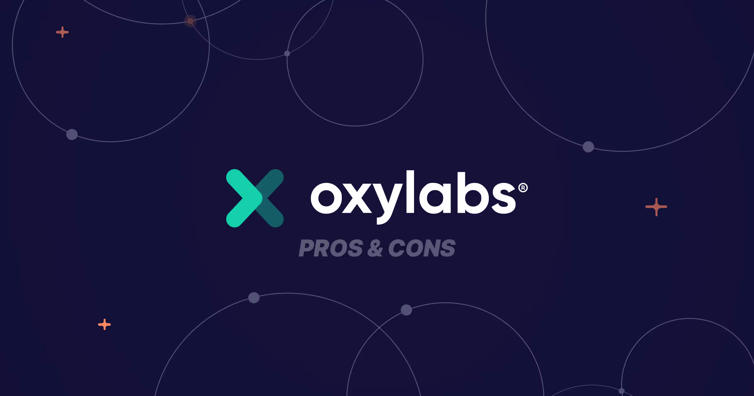Logotipo da Oxylabs com "Prós e Contras" sobre fundo escuro, destacando a análise da marca.