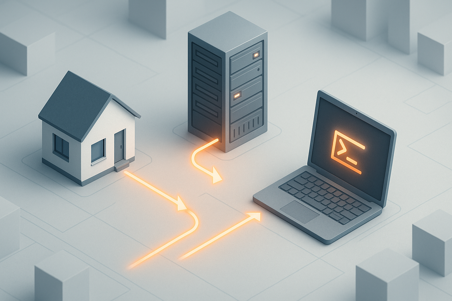 Technical diagram showing ISP proxy workflow with residential house, data center server, and laptop connected by orange arrows illustrating proxy connection path
