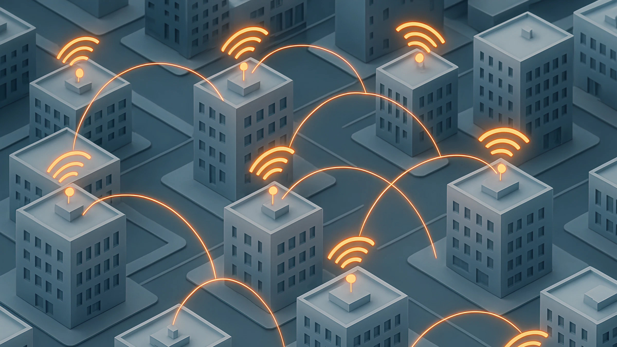 Isometric cityscape with buildings connected by orange wireless signals and connection lines showing distributed ISP proxy network infrastructure