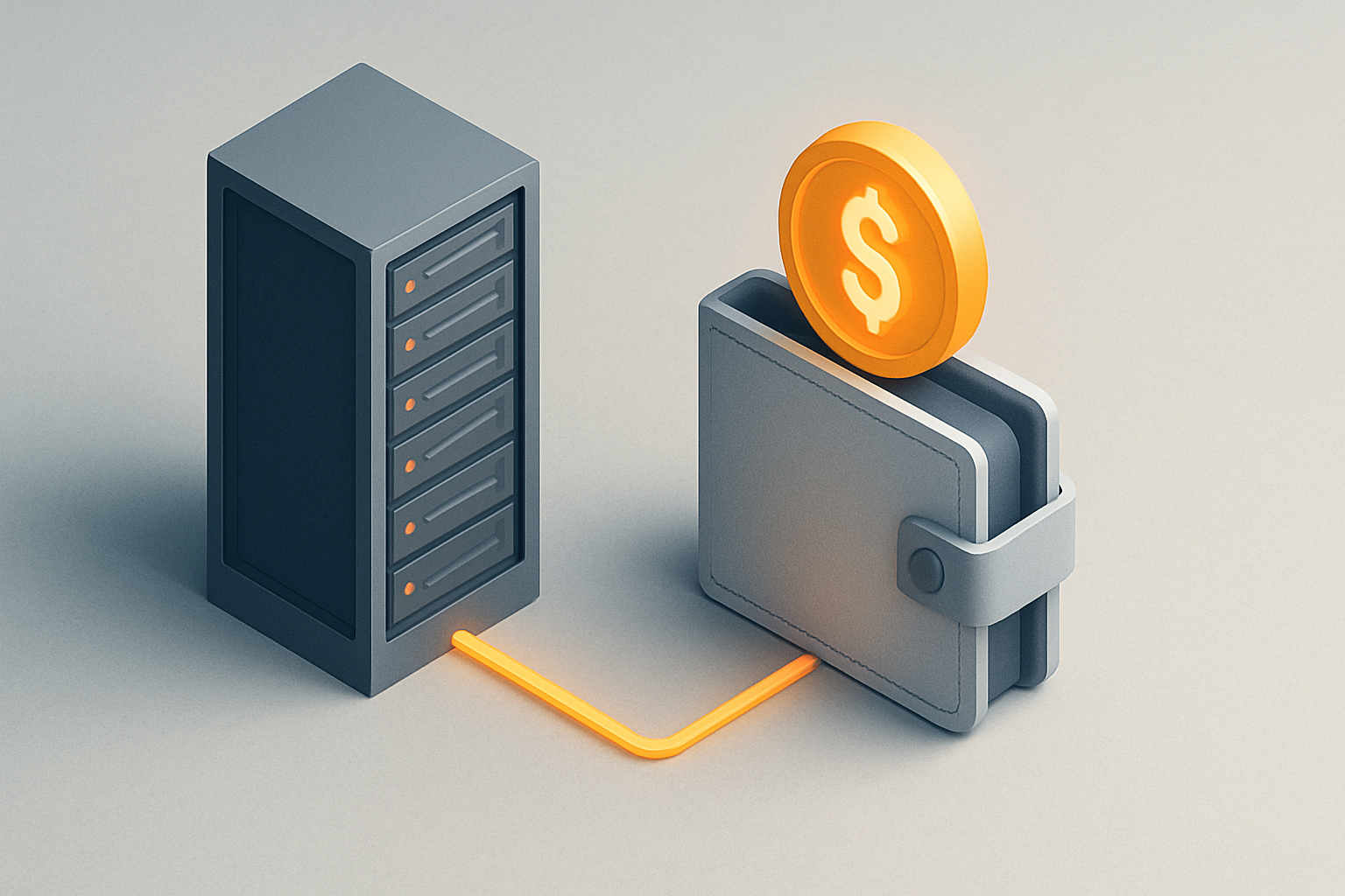 Isometric illustration of data center server connected to wallet with dollar coin showing ISP proxy pricing and cost considerations