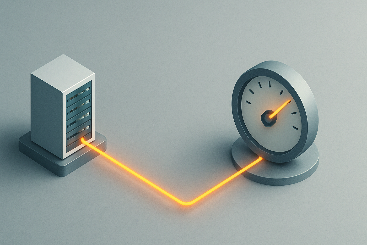 Performance visualization showing data center server connected to speedometer gauge with orange connection line representing ISP proxy speed and reliability metrics