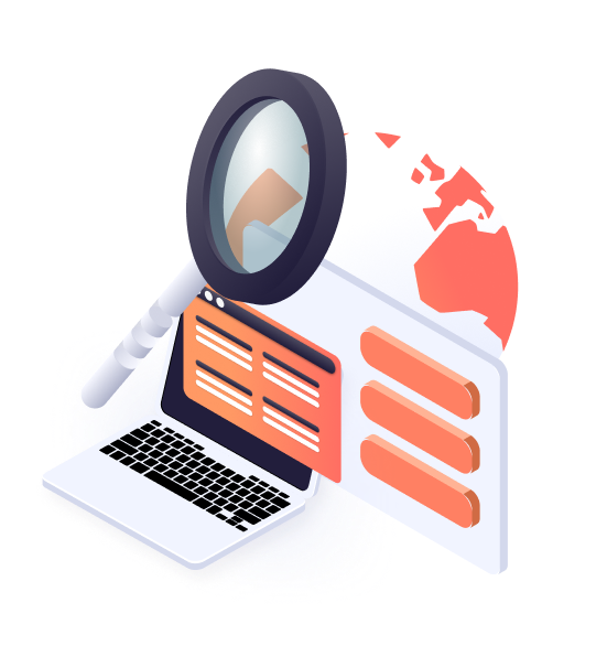 Illustration of a magnifying glass analyzing global search data on a laptop, symbolizing proxy-powered SERP tracking across regions.