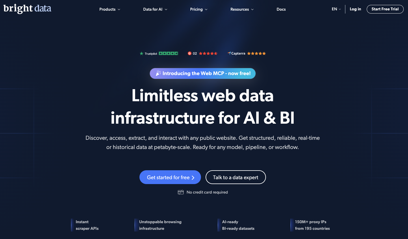 Bright Data homepage featuring dark blue background with white text reading 'Limitless web data infrastructure for AI & BI'. Shows trust badges from Trustpilot, G2, and Capterra. Includes promotional banner for free Web MCP tool and call-to-action buttons.