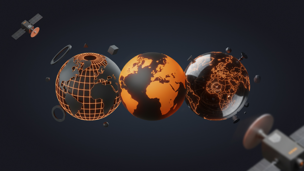 Three stylized globe representations with satellite showing different perspectives of web fragmentation across geographic locations