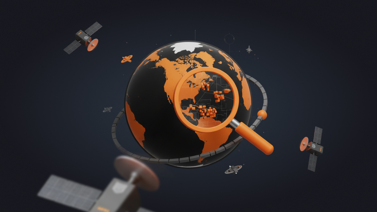 Globe with magnifying glass focused on North America surrounded by satellites representing geographic data collection and web bias analysis