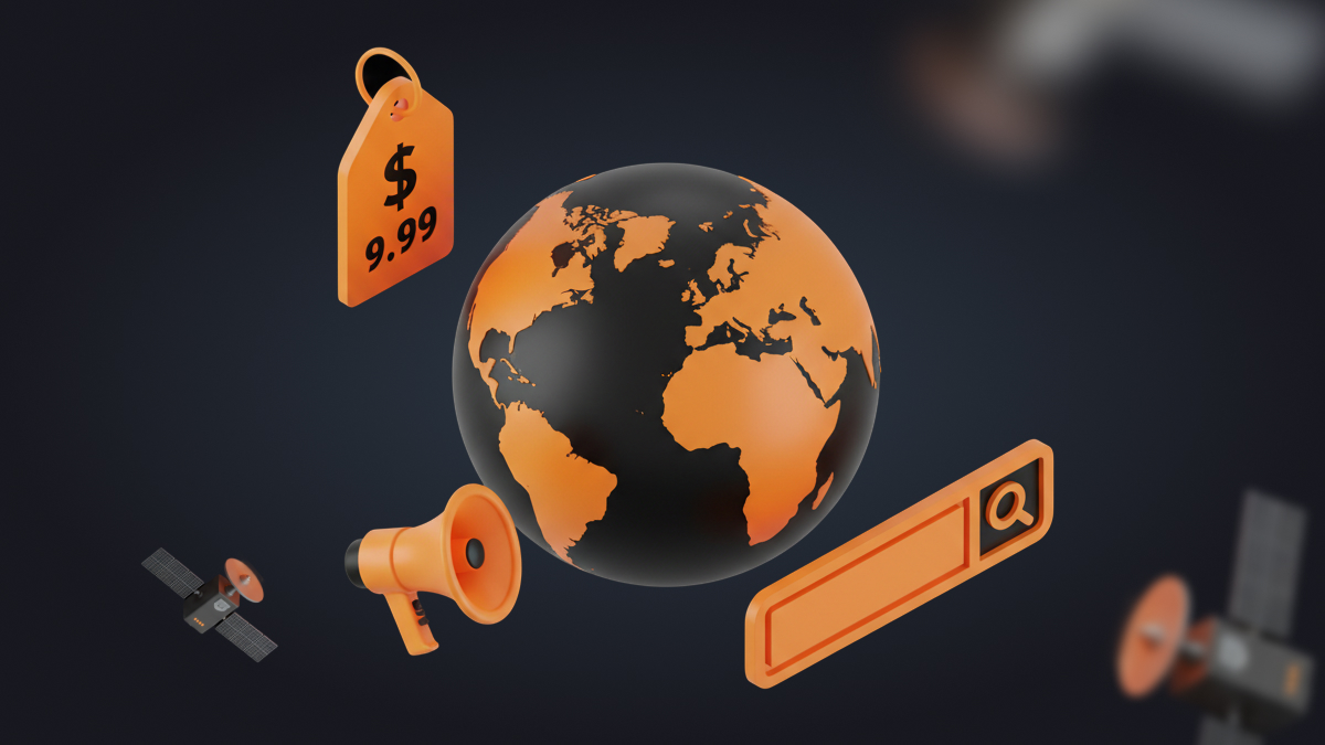 Globe with e-commerce icons including price tag, megaphone, and search bar illustrating dynamic pricing and geo-targeted marketing strategies