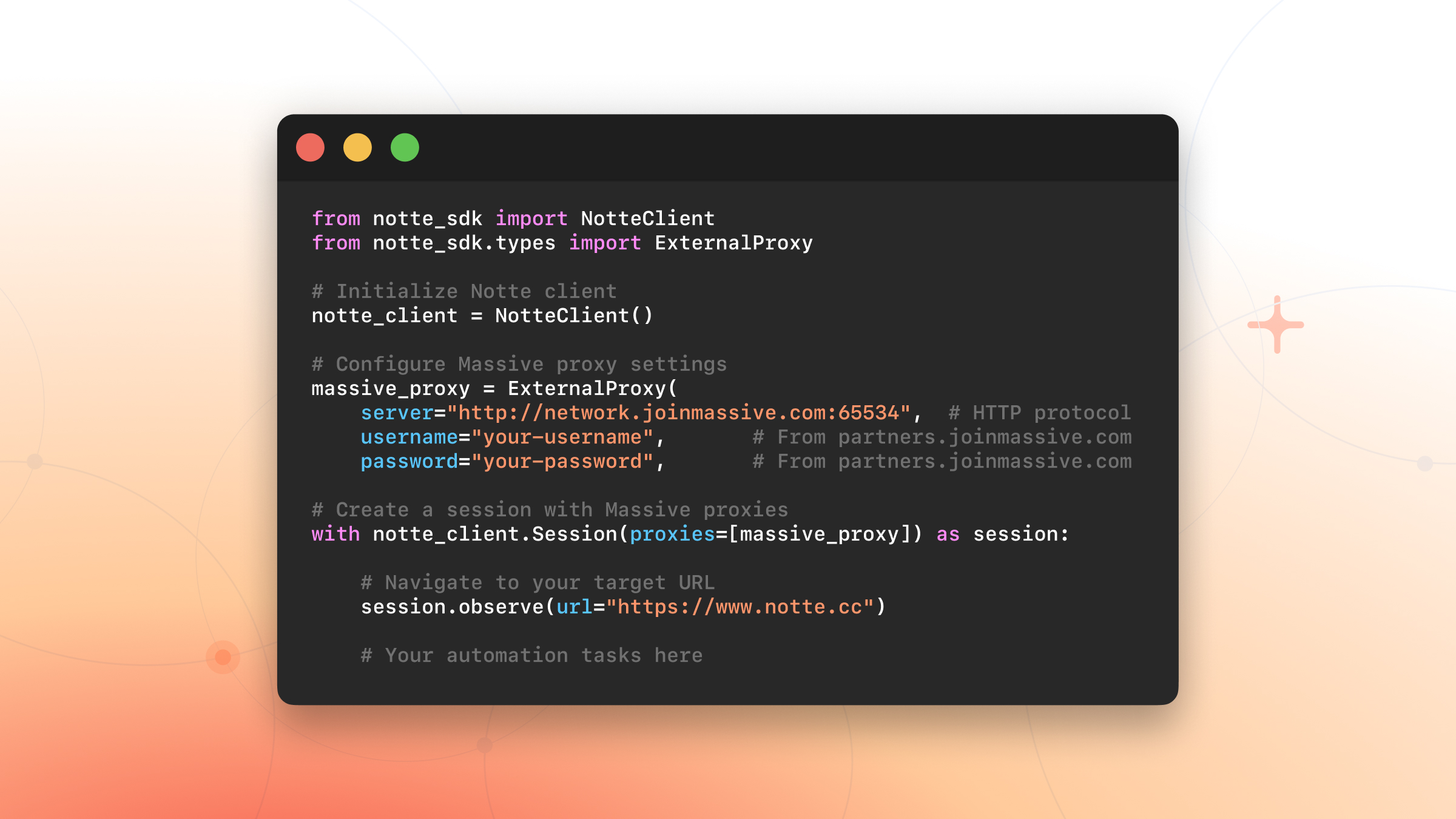 Dark-themed code editor window showing a Python example that configures an external proxy for a browser automation session, including server, username, and password fields, displayed over a soft orange gradient background with subtle network-style graphics.