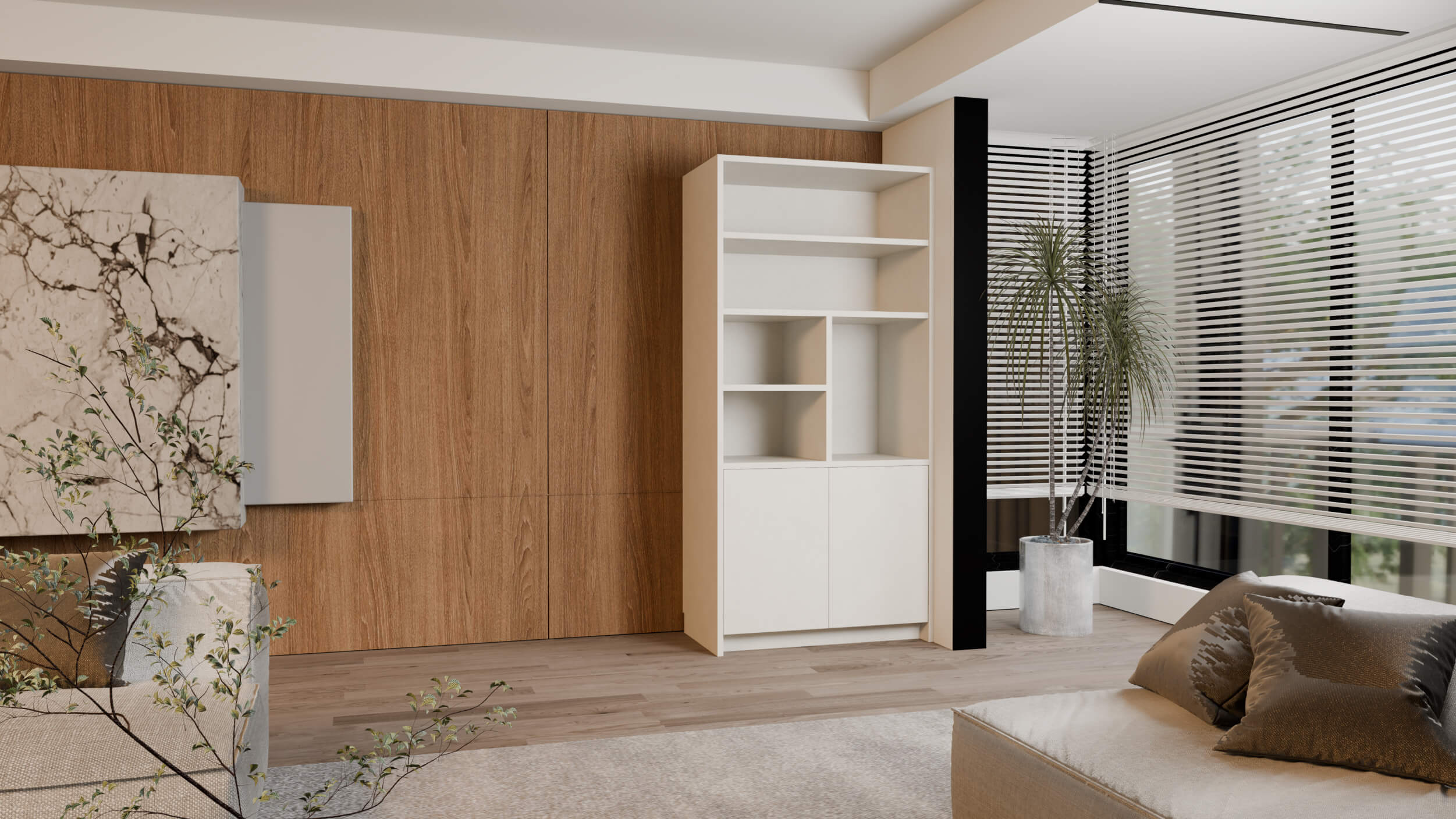 Wandkast Bella in wit, stijlvol geplaatst aan de muur in een strak interieur