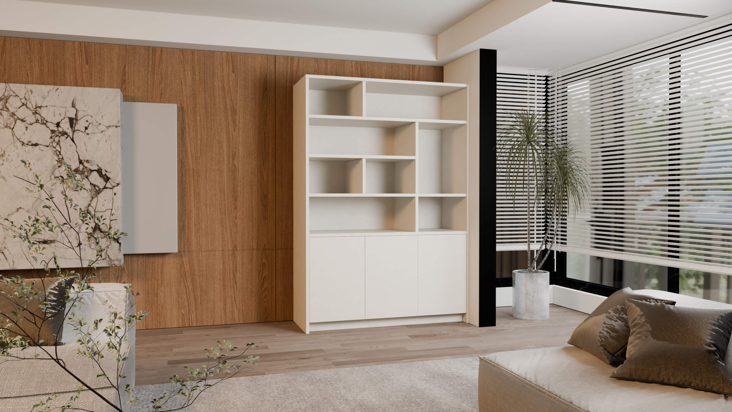 Wandkast Benjamin in wit, stijlvol geplaatst aan de muur in een strak interieur