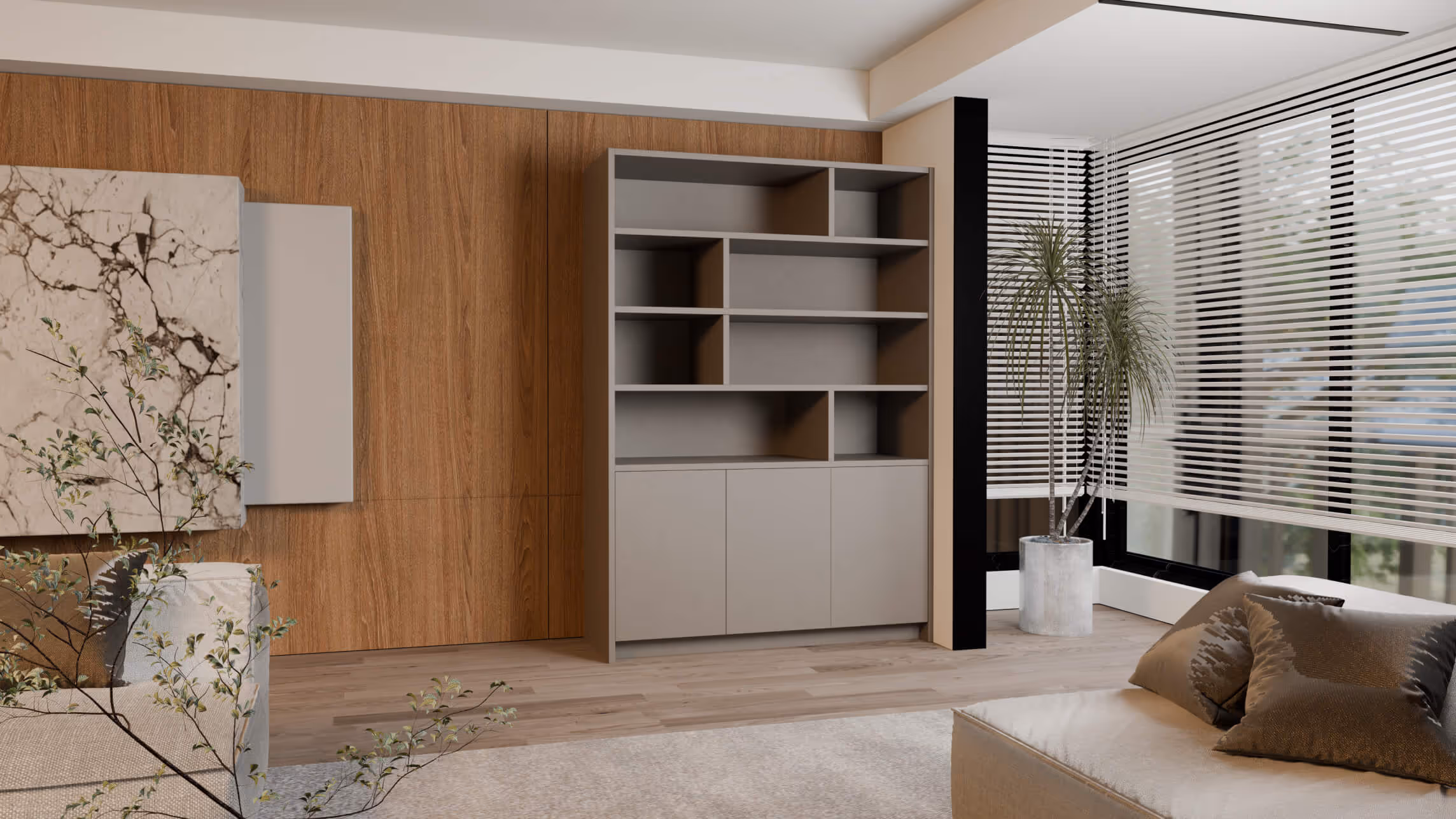 Wandkast Sandra in taupekleur, stijlvol geplaatst aan de muur in een strak interieur