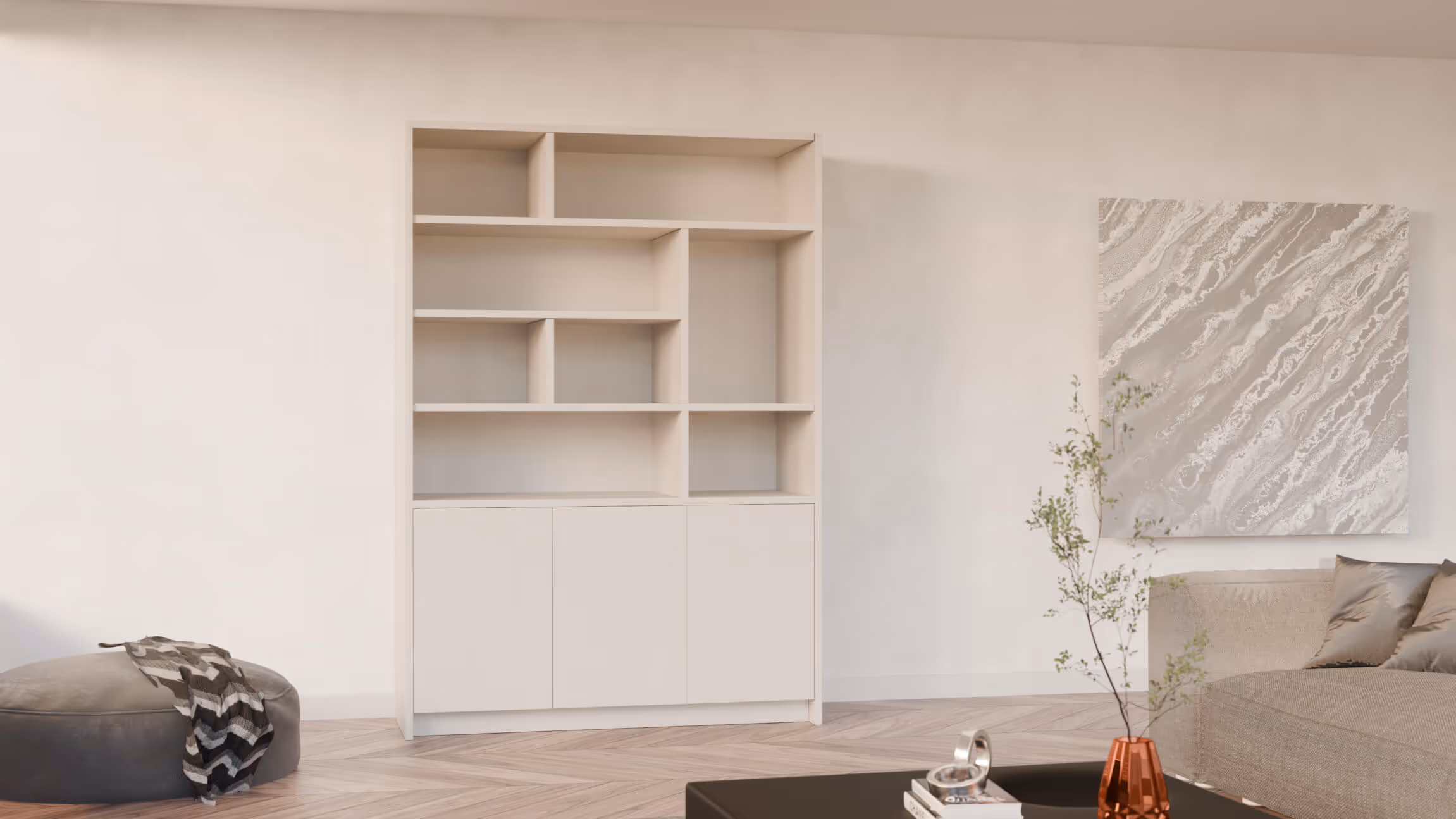 Wandkast Benjamin in wit, gemonteerd aan de muur in een modern interieur