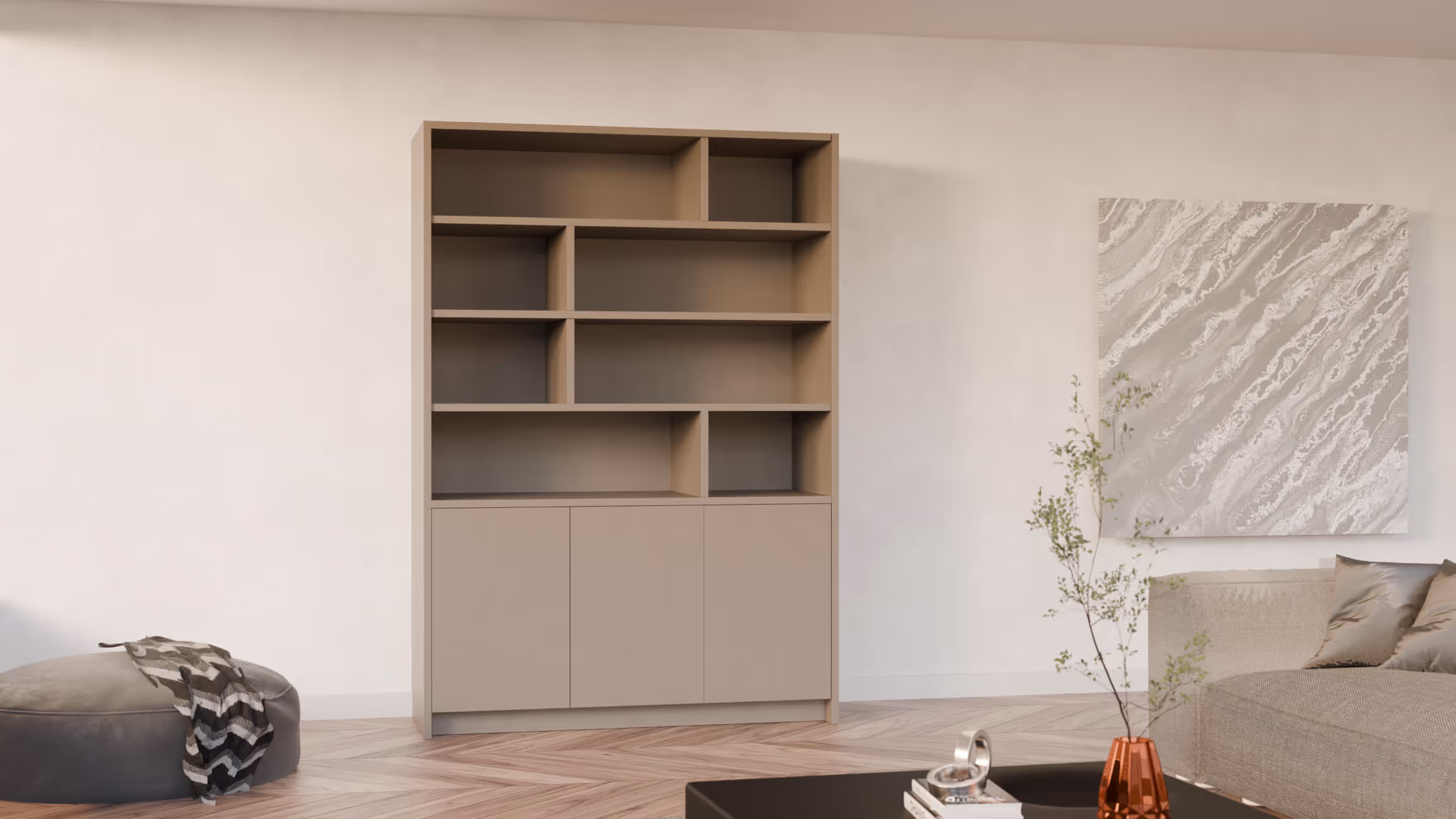 Wandkast Sandra in taupekleur, gemonteerd aan de muur in een modern interieur